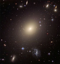 Een ellipsvormig sterrenstelsel in de cluster Abell S740 te midden van verschillende typen sterrenstelsels. Bron: Wikipedia