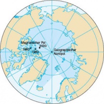 De verplaatsing van de magnetische zuidpool tussen 1960 en 2000. Bron: Wikipedia