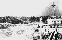Een monstergolf van het Kaventsmann-type in de Golf van Biskaje, bij 200 meter waterdiepte.Bron: Wikipedia 