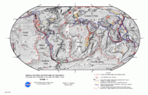 wereldkaart met tektonische platen, breuklijnen en vulkanische activiteit.Bron: Wikipedia 