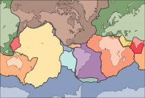 Verdeling van het aardoppervlak in tektonische platen. Bron: Wikipedia