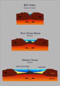 Schematische voorstelling van de ontwikkeling van een riftzone tot een nieuwe oceaan. Bruin is continentale lithosfeer; grijs oceanische lithosfeer; geel is sediment; oranje de asthenosfeer.Bron: Wikipedia 