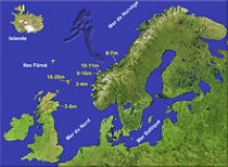 Kaartje van de tsunami, waarbij de hoogte van de tsunamigolf in geel (in meters) wordt aangegeven. De hoogten zijn gebaseerd op gevonden tsunami-sedimenten. Bron: Wikipedia