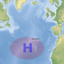 Gemiddelde locatie van het Azorenhoog ten opzichte van de Azoren.Bron: Wikipedia 