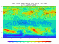 An animated image of GFS simulated total atmospheric ozone concentration, forecast from 00 UTC on July 12, 2012, to July 16, 2012, at 00 UTC%u2014a four day forecast%u2014in three hourly intervals. The lowest concentrations of ozone on the planet reside o