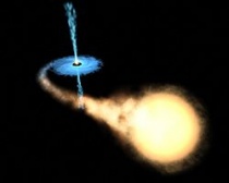 Een artist's impression van een zwart gat met een begeleiderster (geel) die zijn Rochelob gevuld heeft. Gas uit de begeleider valt naar het zwarte gat en vormt een accretieschijf (blauw). Bron: Wikipedia