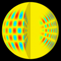 Een computergegenereerde afbeelding van het profiel van de p-modi-achtige, akoestische oscillatie in het binnenste van de zon en aan het zonneoppervlak.Bron: Wikipedia 