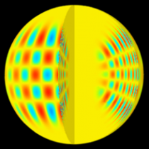 Een computergegenereerde afbeelding van het profiel van de p-modi-achtige, akoestische oscillatie in het binnenste van de zon en aan het zonneoppervlak.Bron: Wikipedia