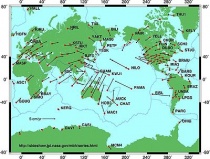 beweging van Tektonische platen gebaseerd op het Global Positioning System (GPS) satellite data van NASA JPL. De vectoren geven zowel de richting als relatieve snelheid van de Tektonische platen.Bron: Wikipedia 