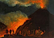 Magma stroomt als lava uit bij de uitbarsting van de Vesuvius in 1774. Olieverf door de Duitse landschapsschilder Jakob Philipp Hackert (1737-1807).Bron: Wikipedia