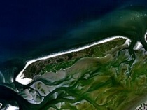 Het wantij van Terschelling, herkenbaar als een zone waarin geen geulen te zien zijn, op ongeveer twee derde vanaf het westen van het eiland; rechts onderaan is nog net de Friese kust te zien Bron: Wikipedia.