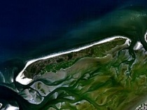 Het wantij van Terschelling, herkenbaar als een zone waarin geen geulen te zien zijn, op ongeveer twee derde vanaf het westen van het eiland; rechts onderaan is nog net de Friese kust te zien Bron: Wikipedia. 