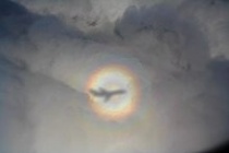 Glorie waargenomen vanuit een vliegtuig. Aan de positie van de glorie is te zien dat de fotograaf zich iets voor de vleugels bevond.Bron: Wikipedia