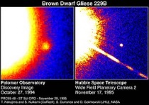 Gliese 229B; links de ontdekkingsfoto, rechts een Hubble-opname. Merk op dat de ster links op het beeld zelf een rode dwerg is, dus van een klein en lichtzwak type.Bron: Wikipedia