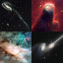 Foto's genomen door de ruimtetelescoop Hubble in valse kleuren weergegeven: vanaf linksboven met de klok mee: het Kikkervisstelsel, de Kegelwolk, twee botsende spiraalvormige sterrenstelsels (NGC 4676) en de geboorte van een ster in de Omeganevel.Bron: Wi