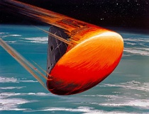 Artistieke impressie van de Command Module van de Apollo als die onder een relatief grote hoek de atmosfeer binnengaat.Bron: Wikipedia