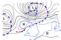 Een voorbeeld van isobaren rondom lage- en hogedrukgebieden.Bron: Wikipedia 